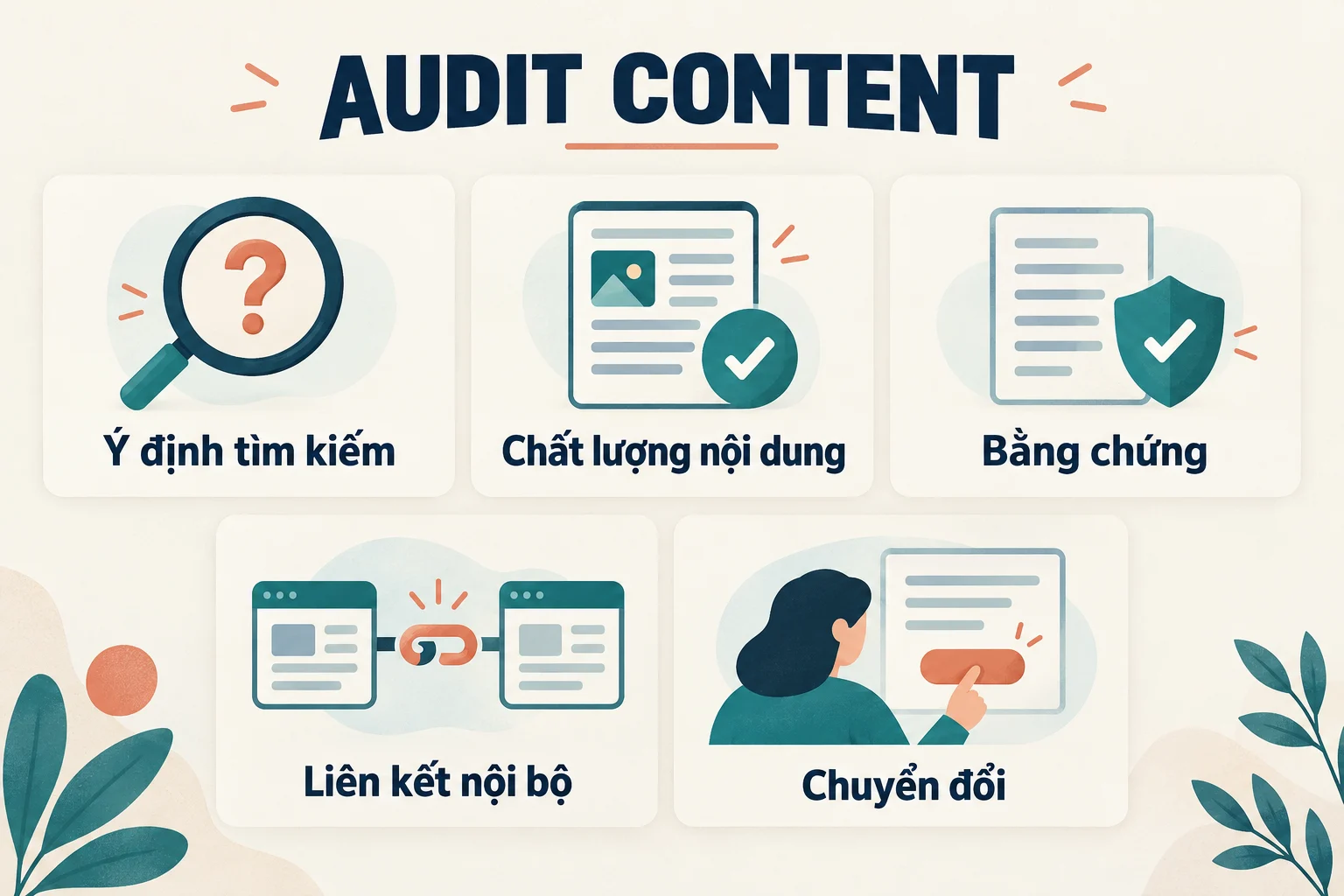 Năm tiêu chí audit content: ý định tìm kiếm, chất lượng nội dung, bằng chứng, liên kết nội bộ và chuyển đổi.