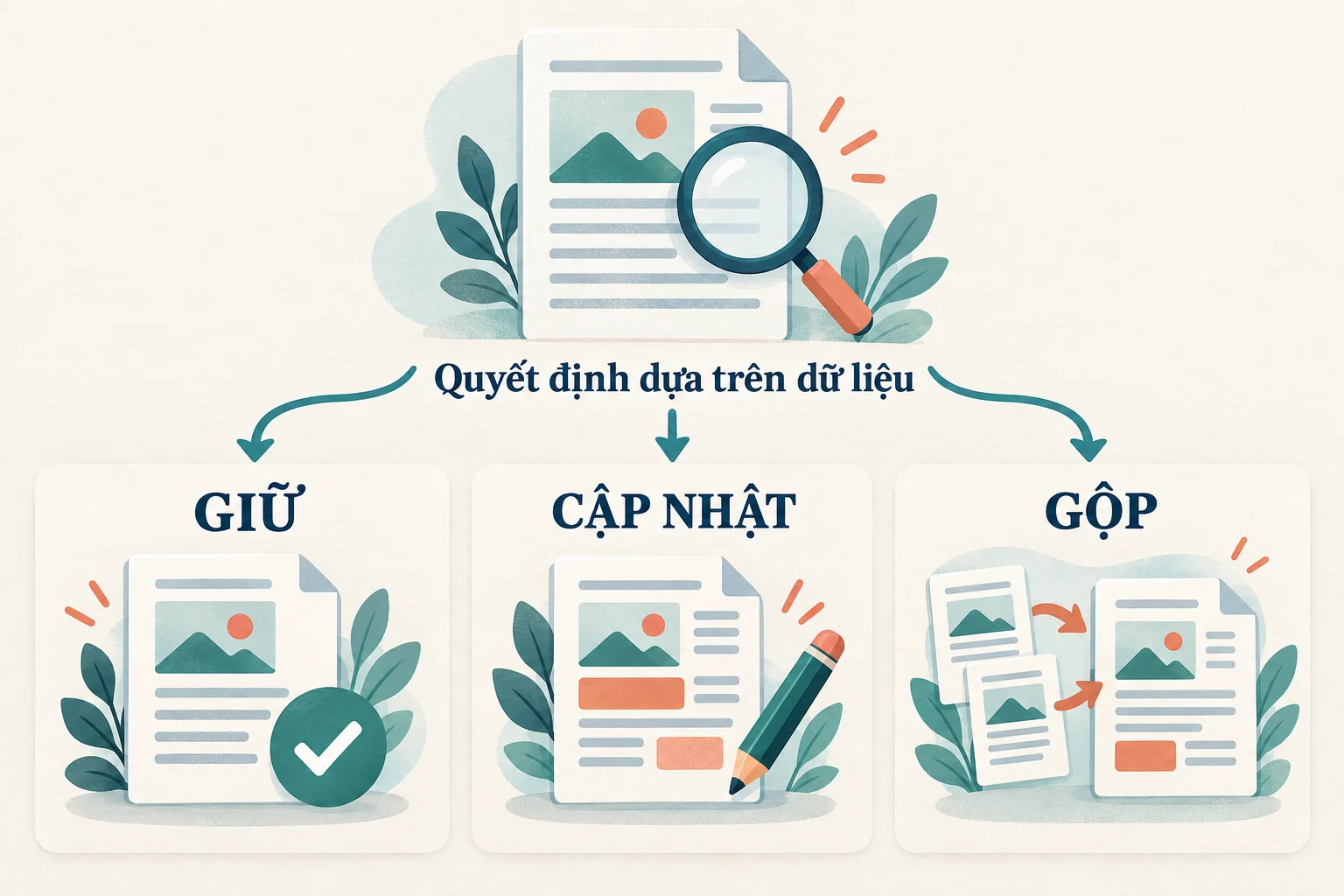 Ba hướng xử lý nội dung sau audit: giữ, cập nhật hoặc gộp dựa trên dữ liệu.