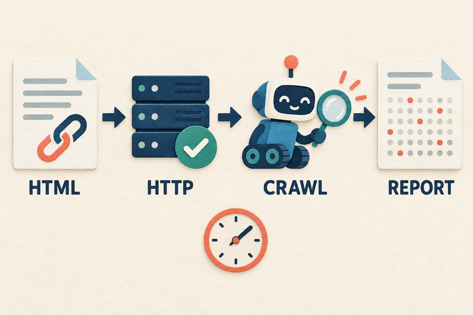 Sơ đồ bốn lớp kiểm tra HTML, HTTP, crawl và báo cáo