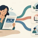 Người đọc đứng trước ba hướng tới trang thương hiệu, hướng dẫn và dịch vụ