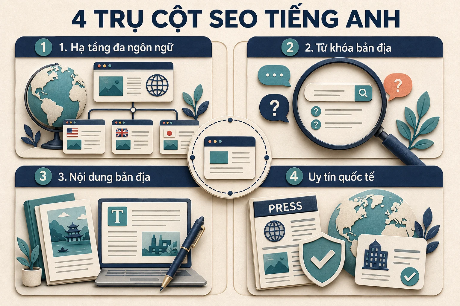 Bốn trụ cột SEO tiếng Anh: hạ tầng đa ngôn ngữ, từ khóa bản địa, nội dung bản địa và uy tín quốc tế