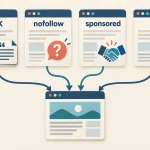 Sơ đồ minh họa link thông thường và ba thuộc tính nofollow, sponsored, UGC