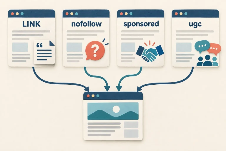 Sơ đồ minh họa link thông thường và ba thuộc tính nofollow, sponsored, UGC
