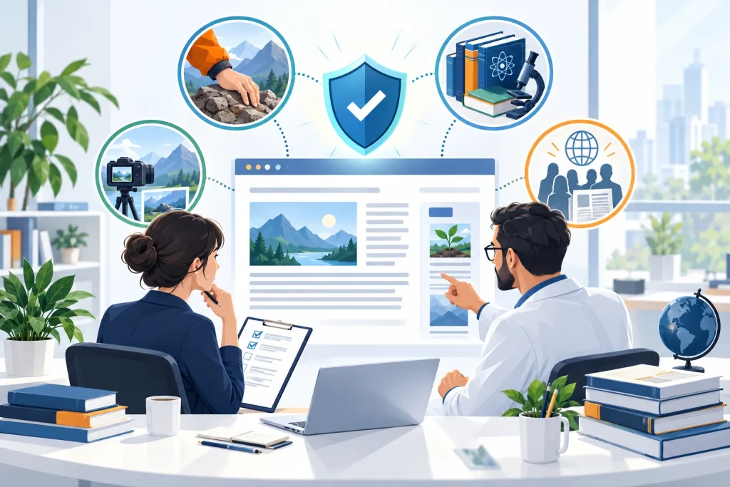 Chuyên gia và biên tập viên xem bốn nhóm tín hiệu kinh nghiệm, chuyên môn, uy tín và độ tin cậy.