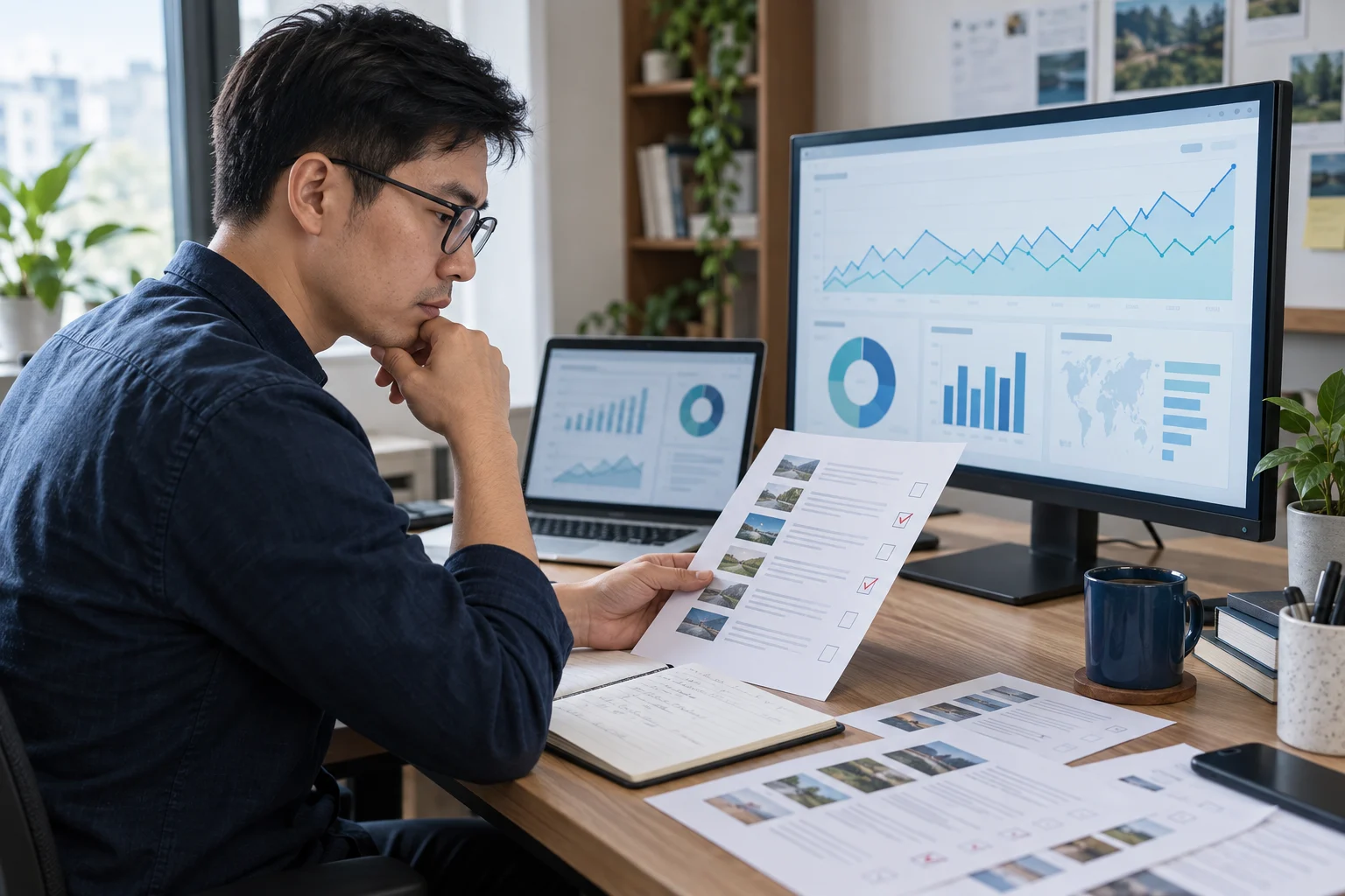 Chuyên viên SEO so sánh dữ liệu hiệu suất với danh sách trang cần audit content.