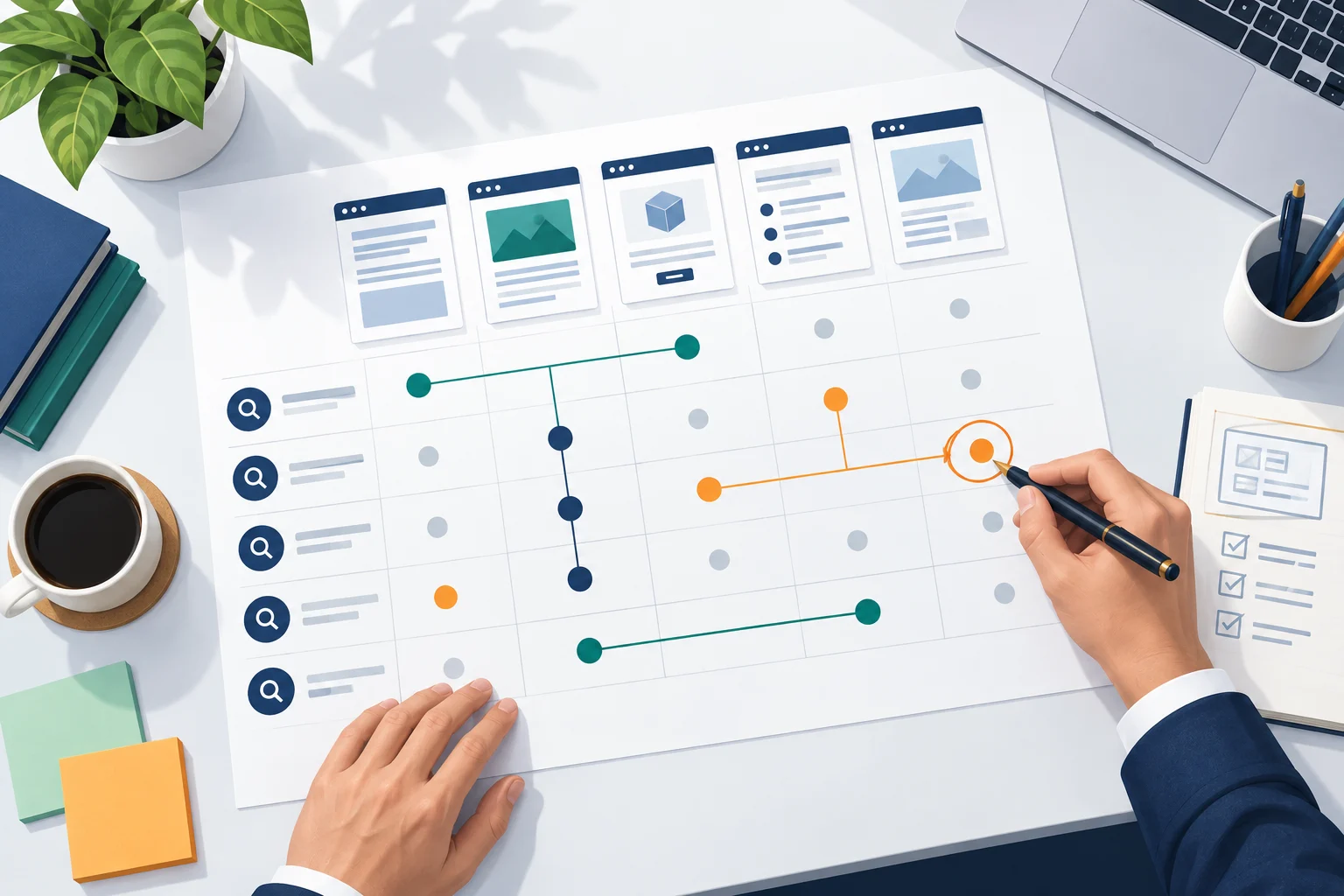 Ma trận query–URL giúp đối chiếu truy vấn, ý định tìm kiếm và vai trò của từng trang.