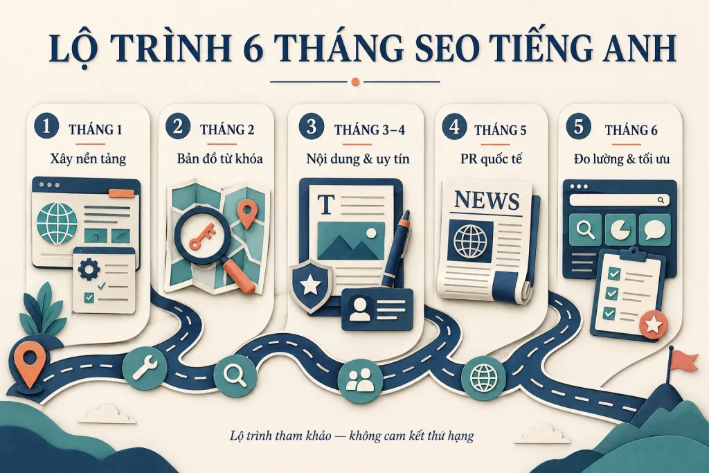 Lộ trình SEO tiếng Anh: tháng 1 xây nền, tháng 2 nghiên cứu từ khóa, tháng 3–4 nội dung và uy tín, tháng 5 PR quốc tế, tháng 6 đo lường