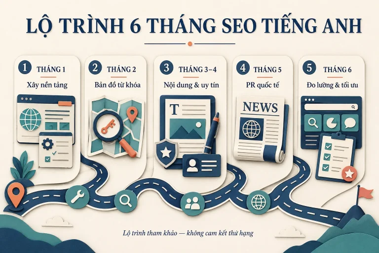Lộ trình SEO tiếng Anh: tháng 1 xây nền, tháng 2 nghiên cứu từ khóa, tháng 3–4 nội dung và uy tín, tháng 5 PR quốc tế, tháng 6 đo lường