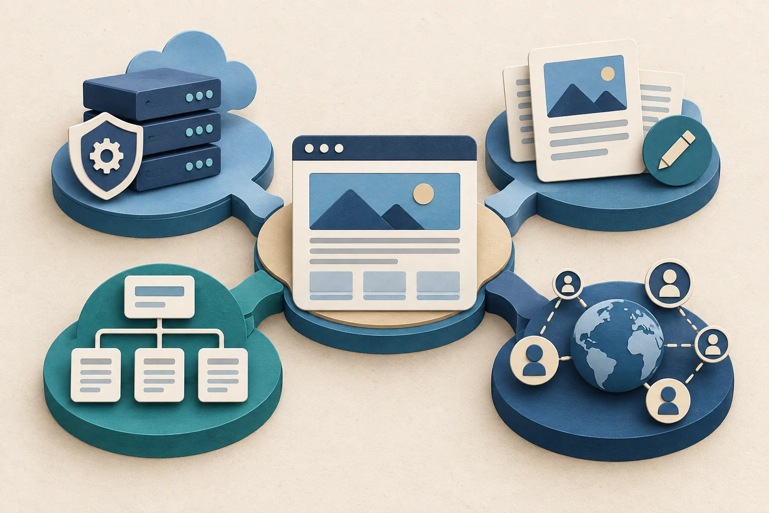 Minh họa bốn nhóm công việc SEO gồm kỹ thuật, nội dung, onpage và uy tín bên ngoài.