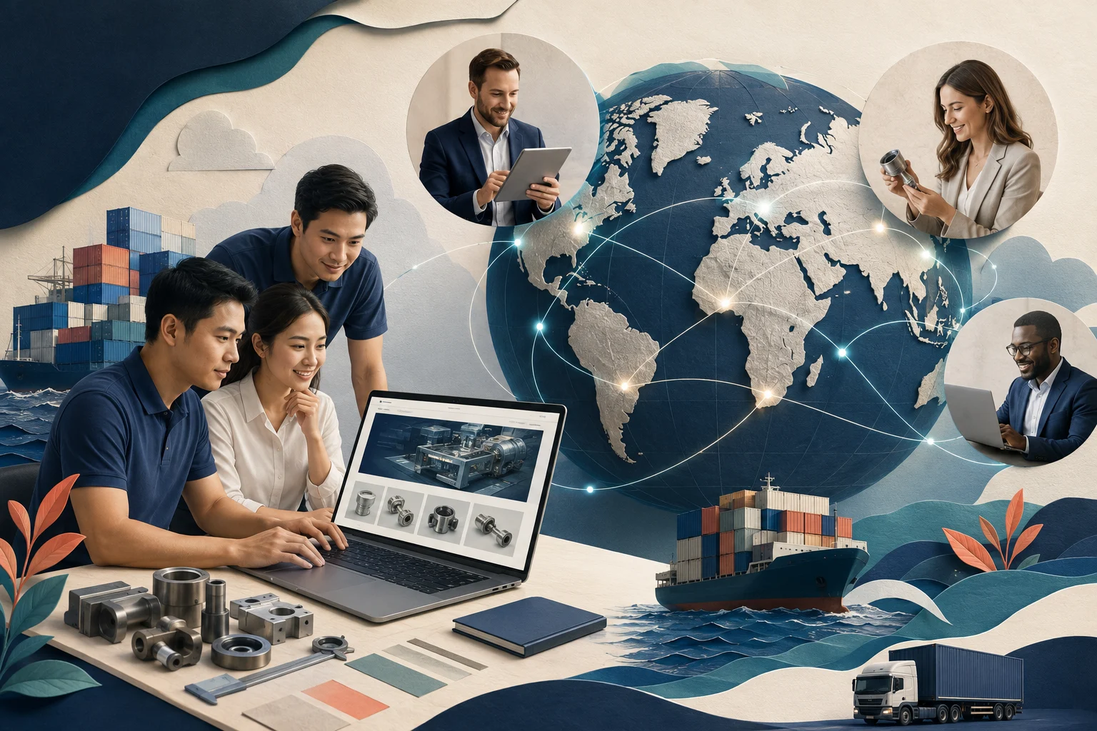 Minh họa đội ngũ doanh nghiệp Việt kết nối với khách hàng quốc tế qua website tiếng Anh
