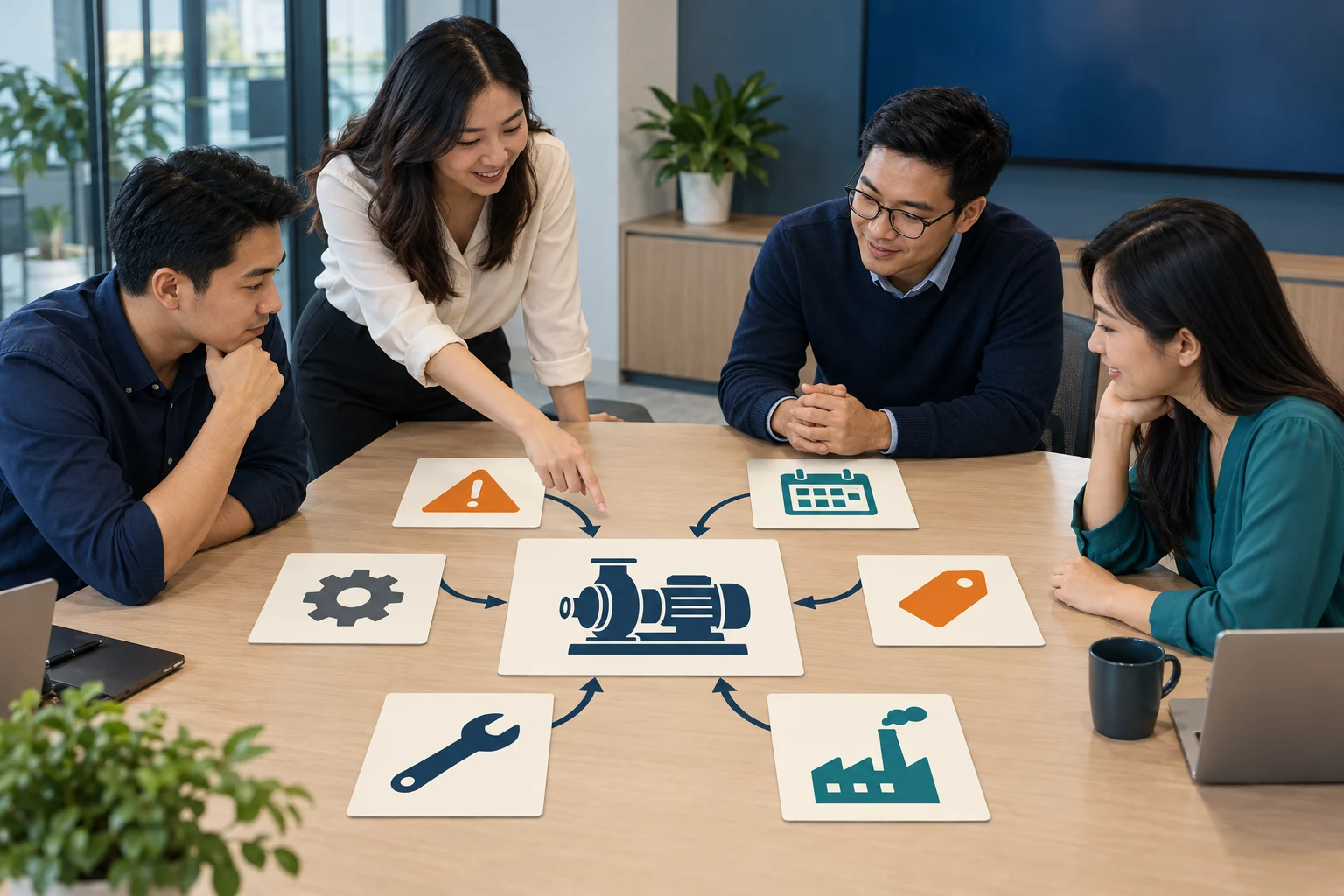 Nhóm marketing lập cụm nội dung bảo trì thiết bị với trang dịch vụ ở trung tâm.